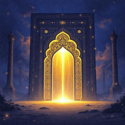 The primary subject of the image is a large, ornate doorway with a golden glow. The doorway is adorned with intricate patterns and is situated in front of a blue sky. The setting appears to be a desert-like environment, with a sandy surface visible in the foreground. The visual style of the image is a digital art or illustration, creating a sense of depth and detail in the scene. The dominant colors in the image are gold and blue, giving the scene a warm and serene atmosphere.